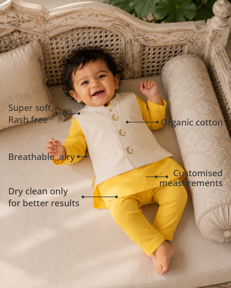 Anaario Yellow Moon-Star Waistcoat Kurta Set features - organic cotton, super soft and rash free, breathable, dry clean only, customised measurements