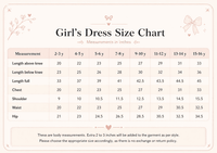 Anaario girl's dress size chart in inches - length, chest, shoulder, waist and hip for ages 2-3 to 15-16 years
