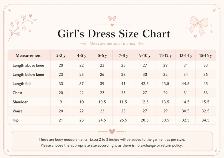 Anaario girl's dress size chart in inches - length, chest, shoulder, waist and hip for ages 2-3 to 15-16 years