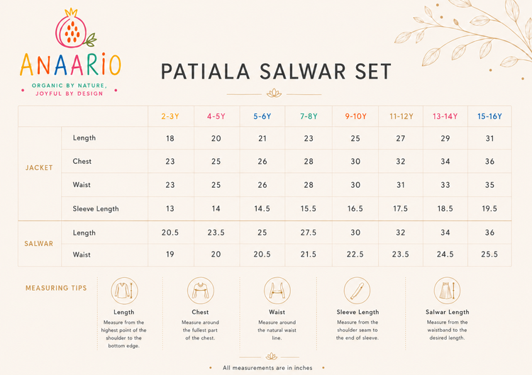 Anaario patiala salwar set size chart in inches showing jacket and salwar measurements for ages 2-3 to 15-16 years