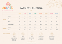 Anaario jacket lehenga size chart in inches showing jacket and lehenga measurements for ages 2-3 to 15-16 years