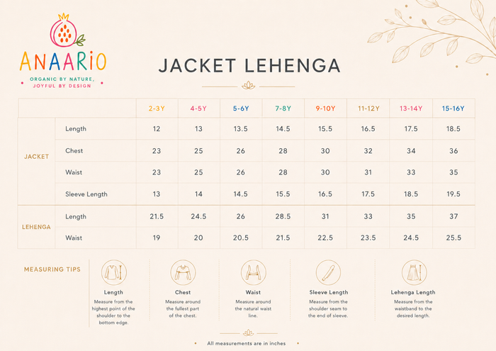 Anaario jacket lehenga size chart in inches showing jacket and lehenga measurements for ages 2-3 to 15-16 years