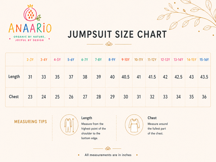 Anaario kids jumpsuit size chart in inches — length and chest measurements for ages 2-3 to 15-16 years
