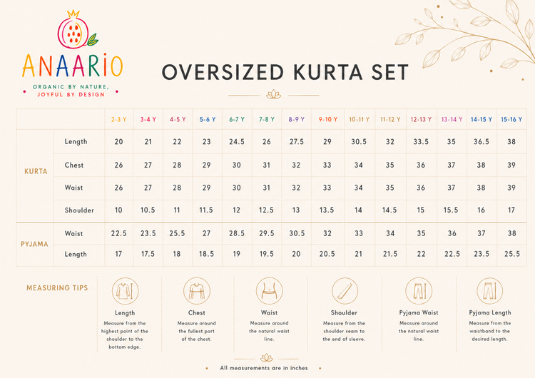 Anaario kids kurta set size chart in inches showing kurta and bottom measurements by age