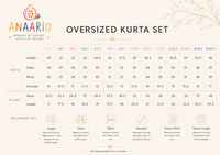 Anaario kids kurta set size chart in inches showing kurta and bottom measurements by age