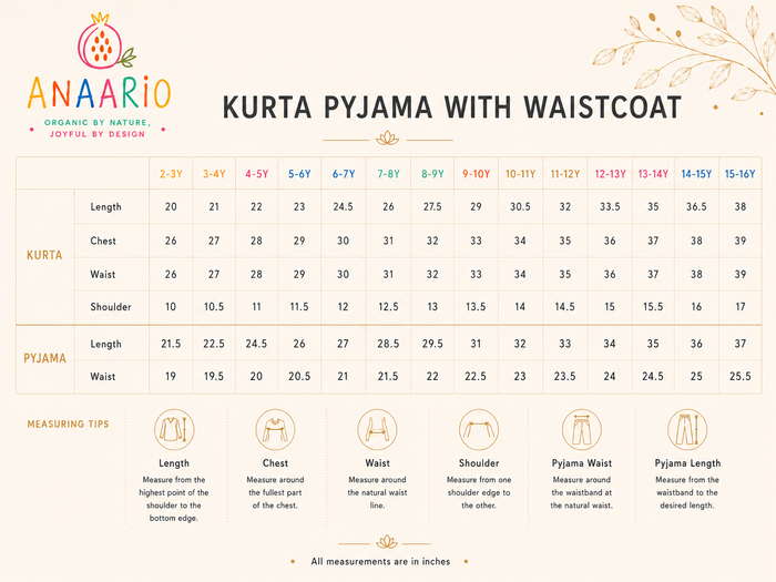 Anaario sharara set size chart in inches showing kurta and sharara measurements by age