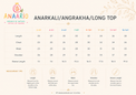 Anaario anarkali, angrakha and long top size chart in inches showing length, chest, waist, shoulder and sleeve for ages 2-3 to 15-16 years
