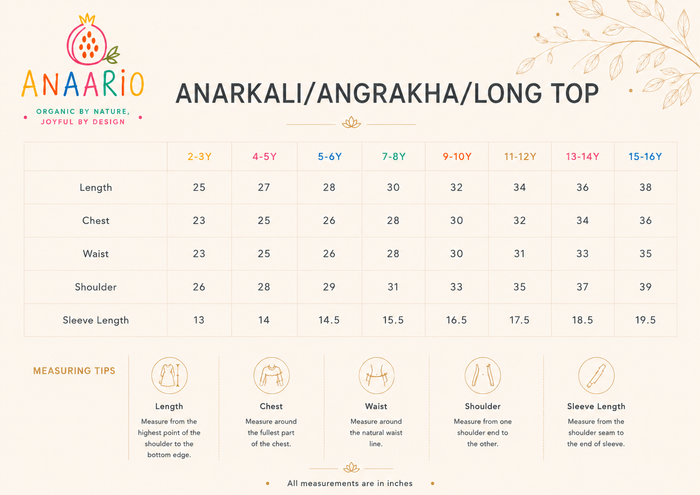 Anaario anarkali, angrakha and long top size chart in inches showing length, chest, waist, shoulder and sleeve for ages 2-3 to 15-16 years