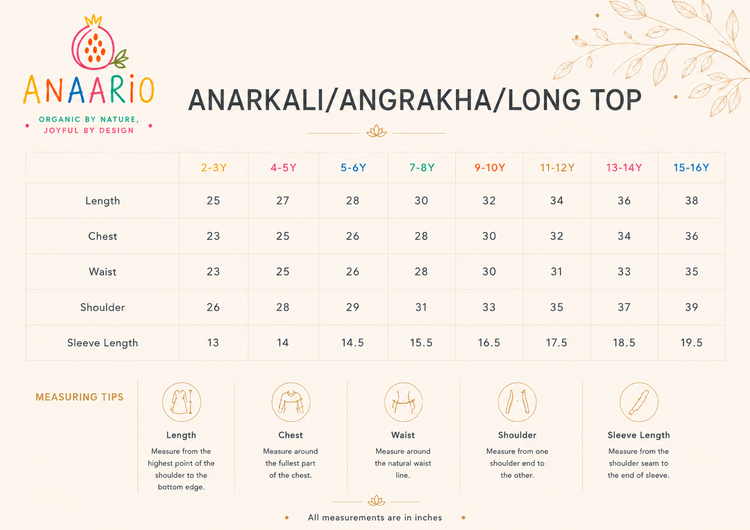 Anaario anarkali, angrakha and long top size chart in inches showing length, chest, waist, shoulder and sleeve for ages 2-3 to 15-16 years