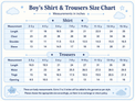 Anaario boy's shirt and trousers size chart in inches, ages 2-3 to 15-16 years