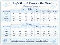Anaario boy's shirt and trousers size chart in inches, ages 2-3 to 15-16 years