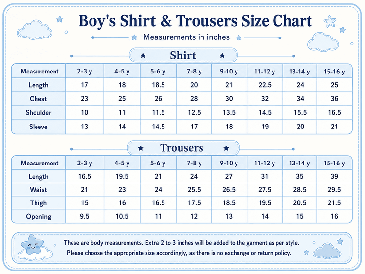 Anaario boy's shirt and trousers size chart in inches, ages 2-3 to 15-16 years