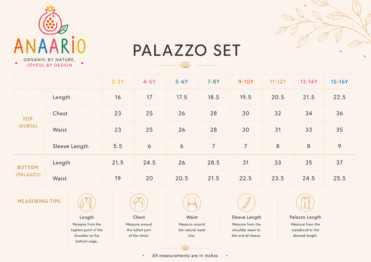 Anaario anarkali set size chart in inches showing top and bottom measurements by age