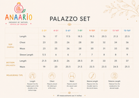 Anaario anarkali set size chart in inches showing top and bottom measurements by age