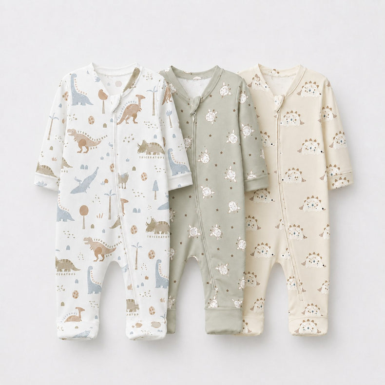 Animal Friends bamboo baby sleepsuit combo — coordinating full-sleeve two-way zip romper onesies