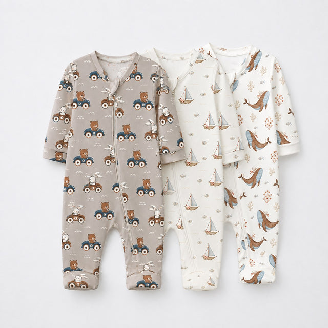 Animals on Wheels bamboo baby sleepsuit combo — coordinating full-sleeve two-way zip romper onesies