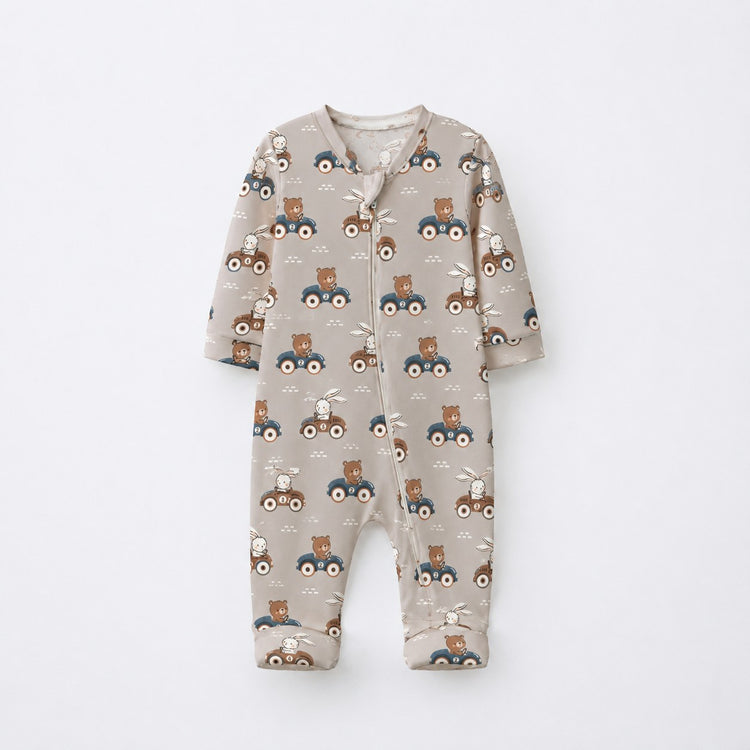 Animals on Wheels bamboo cotton baby sleepsuit — two-way zip romper onesie