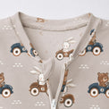 Animals on Wheels bamboo cotton baby sleepsuit — bamboo cotton onesie romper flatlay