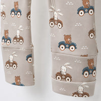 Animals on Wheels bamboo cotton baby sleepsuit — zip romper onesie detail
