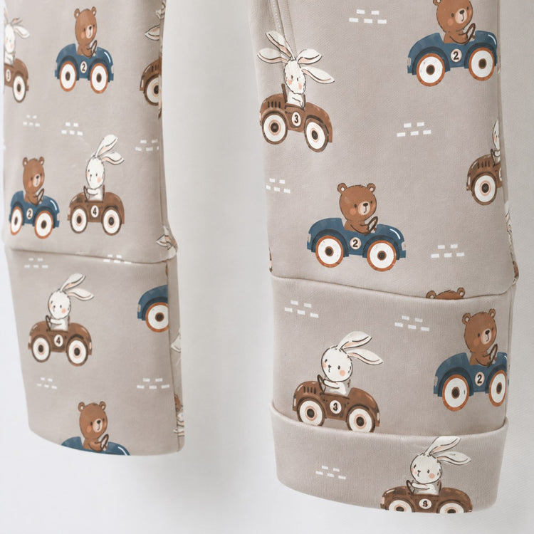 Animals on Wheels bamboo cotton baby sleepsuit — zip romper onesie detail