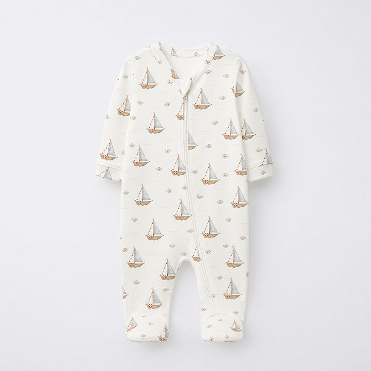 Animals on Wheels bamboo cotton baby sleepsuit — full-sleeve baby sleepsuit, zip onesie