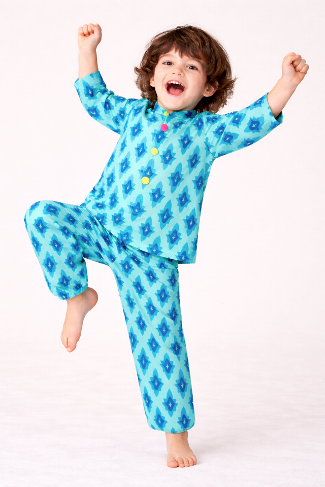 Girl wearing Anaario Aqua Blue Geometric Cotton Co-ord Set