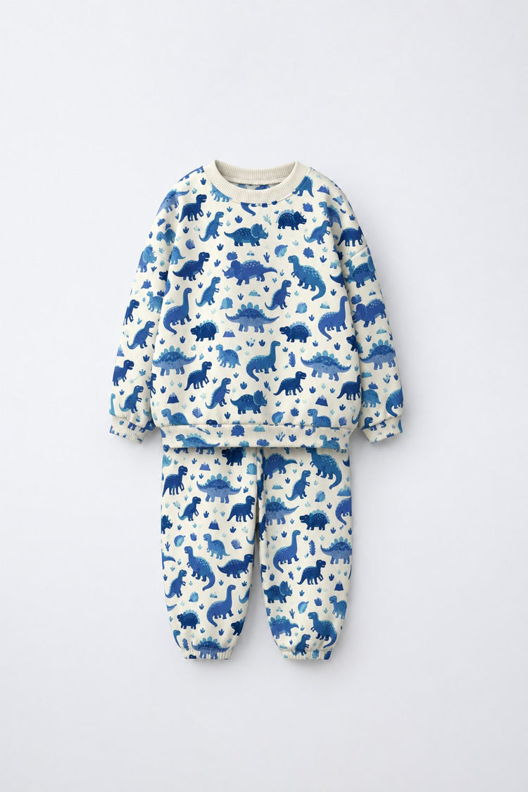 Blue Dinosaur Jogger Set flat lay by Anaario