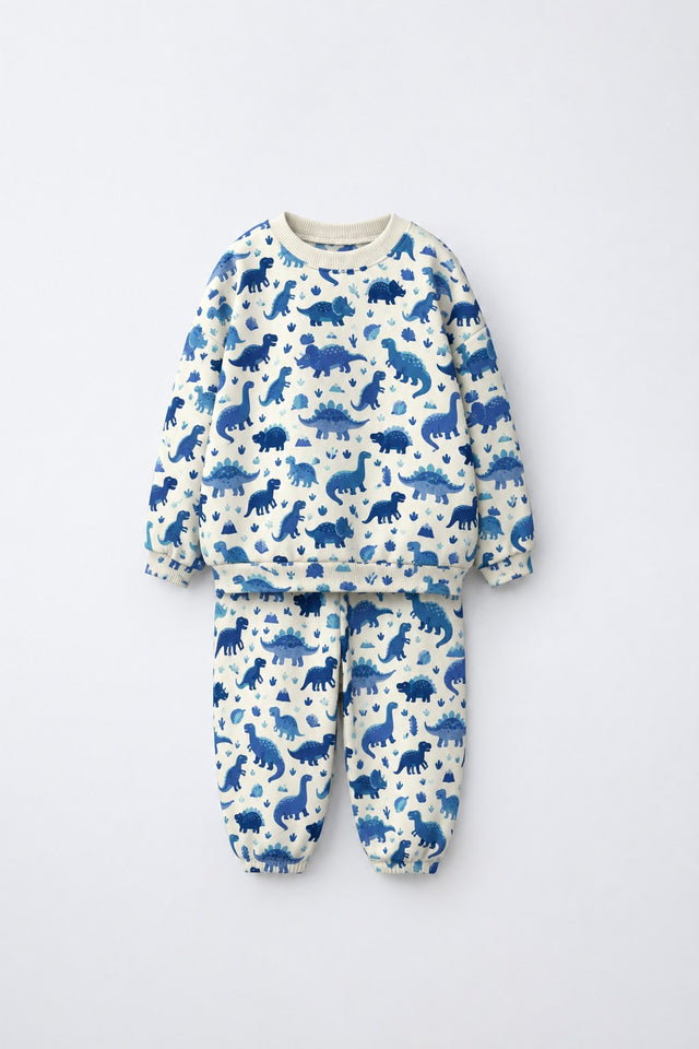 Blue Dinosaur Jogger Set flat lay by Anaario