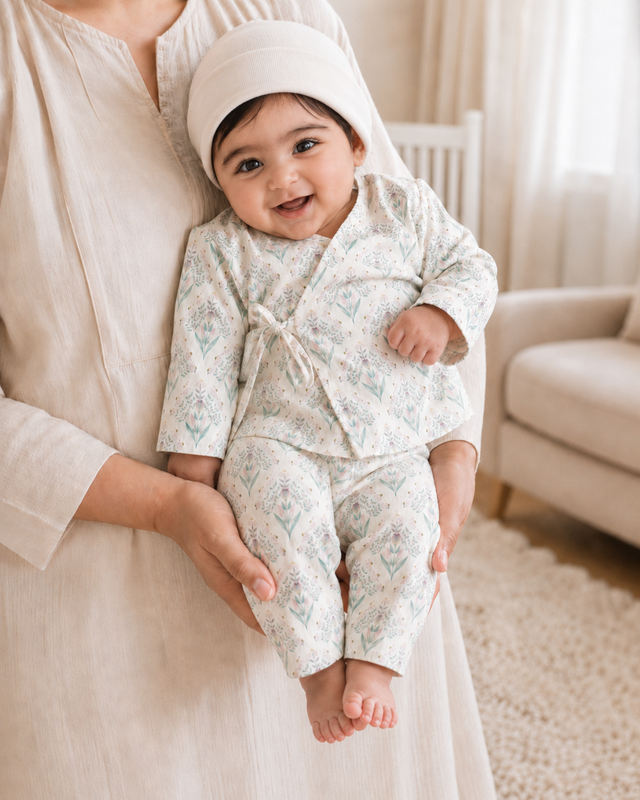 Baby wearing Anaario Aqua Floral Wrap soft aqua floral on ivory co-ord set, newborn to 24 months