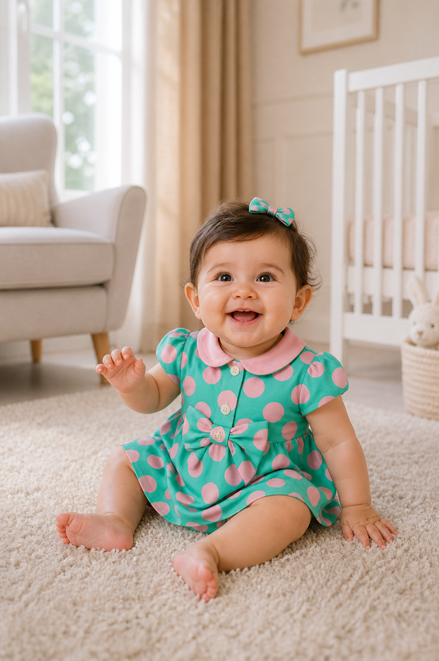 Baby wearing Anaario Aqua Pink Polka Dot Bow short-sleeve romper with Peter Pan collar, newborn to 24 months