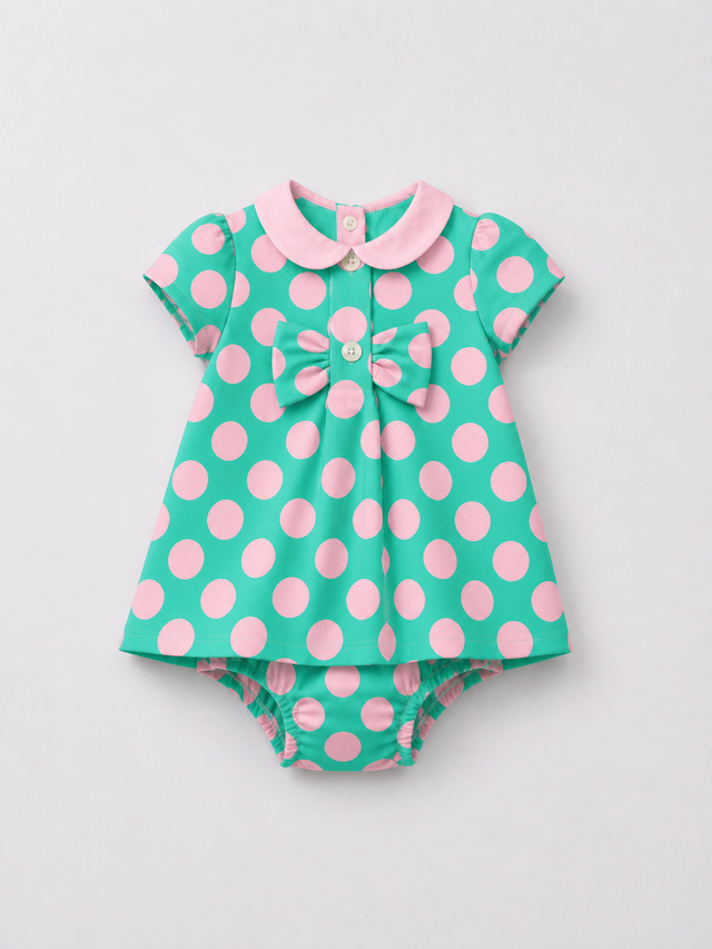 Baby wearing Anaario Aqua Pink Polka Dot Bow short-sleeve romper with Peter Pan collar, newborn to 24 months