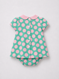 Baby wearing Anaario Aqua Pink Polka Dot Bow short-sleeve romper with Peter Pan collar, newborn to 24 months