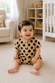 Beige Black Polka Dot Button Romper
