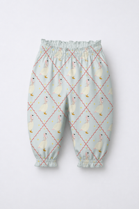Baby wearing Anaario Blue Goose soft blue with goose and lattice prints co-ord set, newborn to 24 months