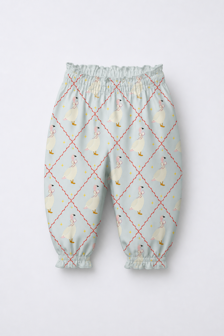 Baby wearing Anaario Blue Goose soft blue with goose and lattice prints co-ord set, newborn to 24 months