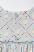 Baby wearing Anaario Blue Goose soft blue with goose and lattice prints co-ord set, newborn to 24 months