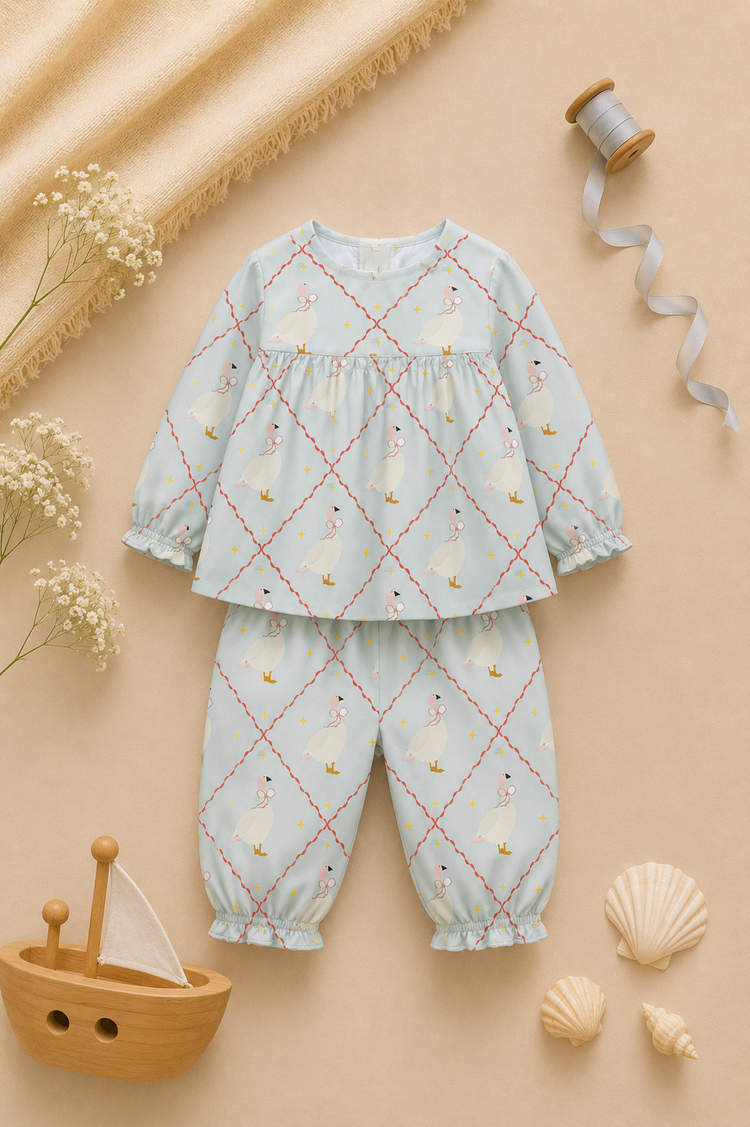 Baby wearing Anaario Blue Goose soft blue with goose and lattice prints co-ord set, newborn to 24 months
