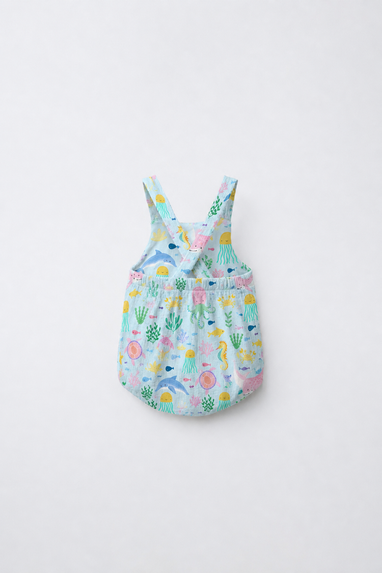 Baby wearing Anaario Sea Friends Pinafore light blue with ocean animals and sea-life prints romper, newborn to 24 months