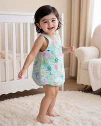 Baby wearing Anaario Sea Friends Pinafore light blue with ocean animals and sea-life prints romper, newborn to 24 months