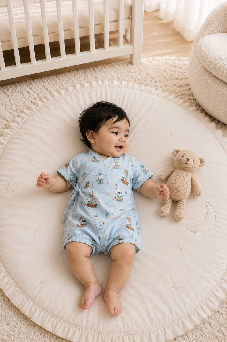Baby wearing Anaario Ocean Sailor Wrap sky blue with boats whales penguins ocean prints romper, newborn to 24 months