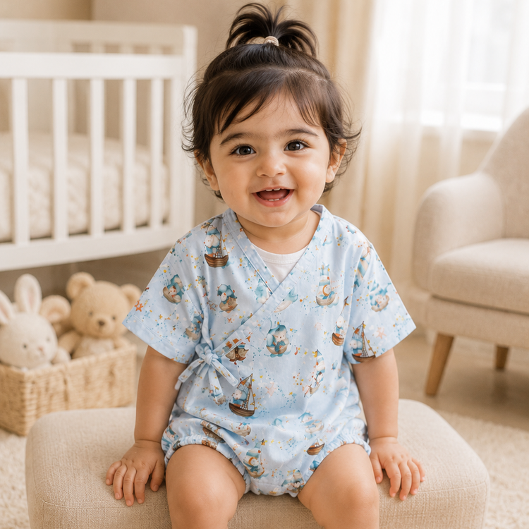 Baby wearing Anaario Ocean Sailor Wrap sky blue with boats whales penguins ocean prints romper, newborn to 24 months