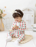 Baby wearing Anaario Blue and Plum Hearts organic mulmul cotton Sakura set, newborn to 24 months