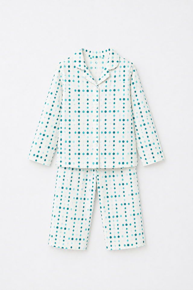 Baby wearing Anaario Blue Polka Spots organic mulmul cotton Sakura set, newborn to 24 months