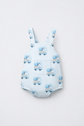 Baby wearing Anaario Blue Sheep Dungaree blue stripes with sheep-on-truck prints romper, newborn to 24 months