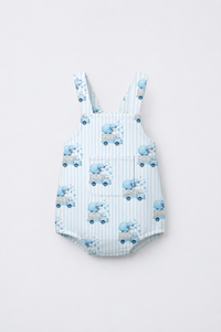 Baby wearing Anaario Blue Sheep Dungaree blue stripes with sheep-on-truck prints romper, newborn to 24 months
