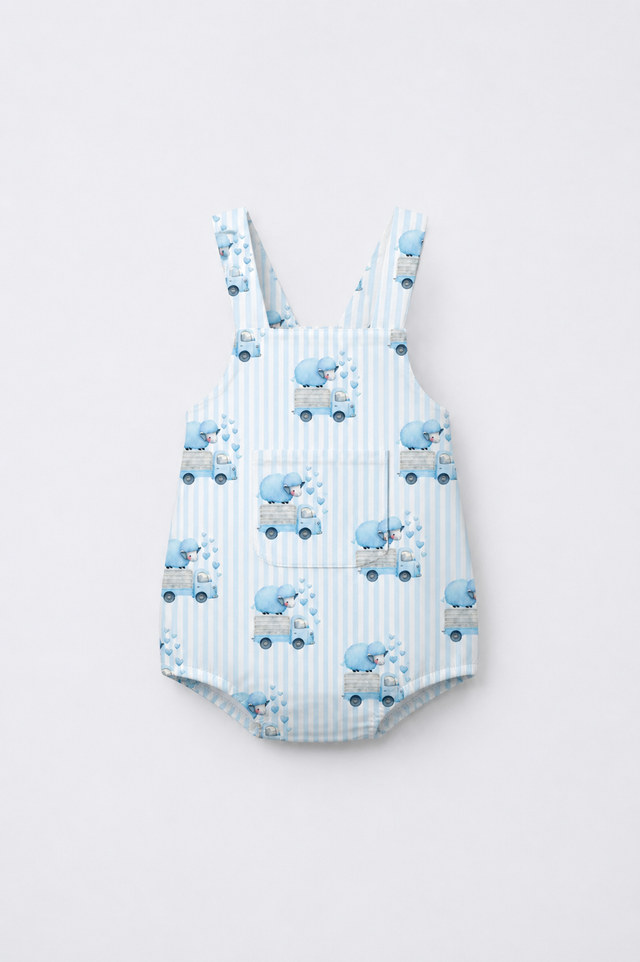 Baby wearing Anaario Blue Sheep Dungaree blue stripes with sheep-on-truck prints romper, newborn to 24 months