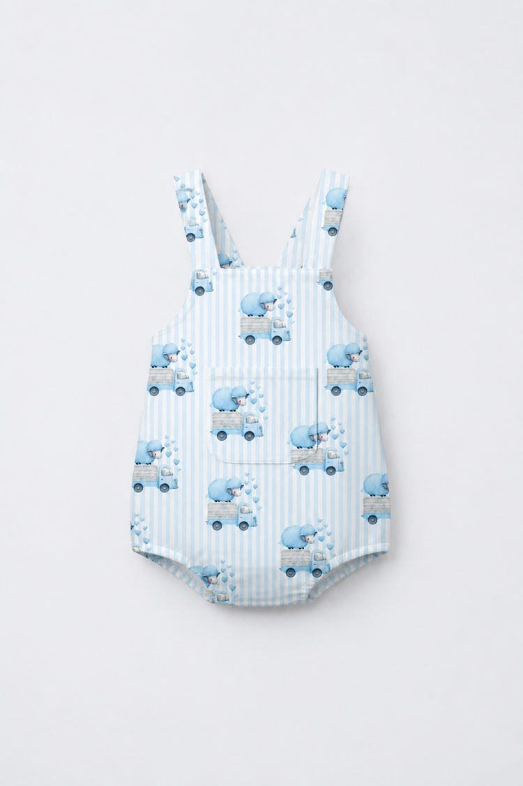 Baby wearing Anaario Blue Sheep Dungaree blue stripes with sheep-on-truck prints romper, newborn to 24 months