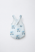 Baby wearing Anaario Blue Sheep Dungaree blue stripes with sheep-on-truck prints romper, newborn to 24 months
