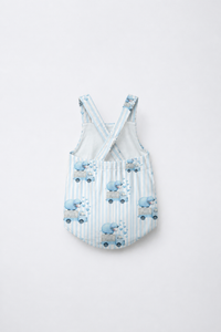 Baby wearing Anaario Blue Sheep Dungaree blue stripes with sheep-on-truck prints romper, newborn to 24 months