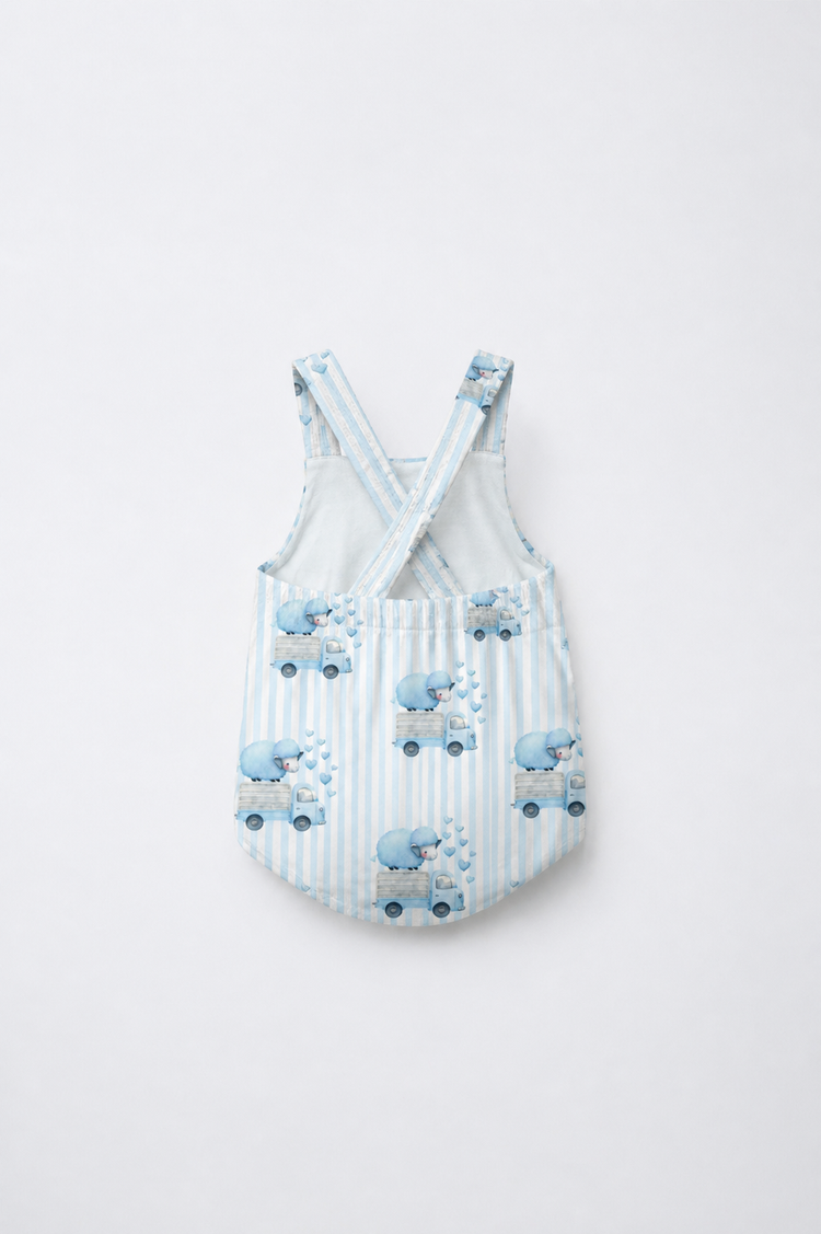 Baby wearing Anaario Blue Sheep Dungaree blue stripes with sheep-on-truck prints romper, newborn to 24 months